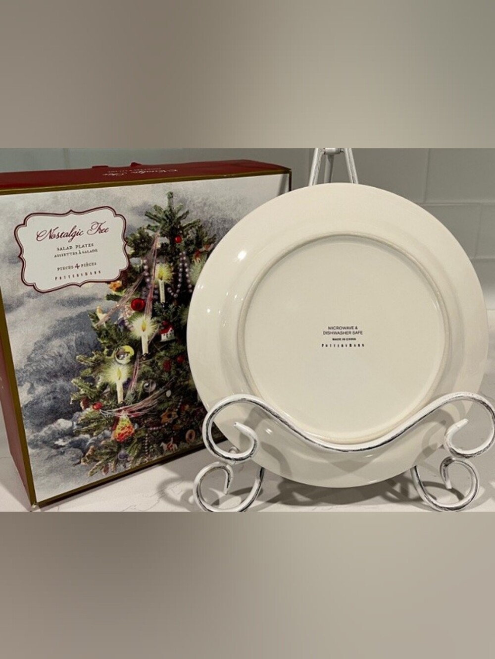 Pottery Barn Nostalgic Christmas Tree Salad Plates Set Of 4 In Box - Picture 3 of 9